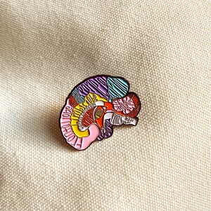 May include: A colorful enamel pin in the shape of a human brain, with various sections labeled. The pin features a mix of colors including pink, yellow, purple, and teal. The pin is on a beige fabric background.