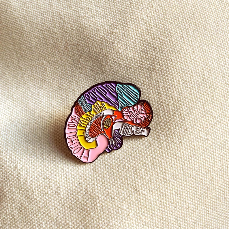 May include: A colorful enamel pin in the shape of a human brain, with various sections labeled. The pin features a mix of colors including pink, yellow, purple, and teal. The pin is on a beige fabric background.