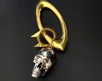 1 SKULL metal keychain w CAT spike ring + abstract CARABINER | weighted metal accessories trinket | skeleton bones | biology | goth gothic