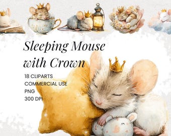 Watercolor Sleeping Mouse Clipart: Scrapbooking and Nursery Animal PNGs (Digital Download)