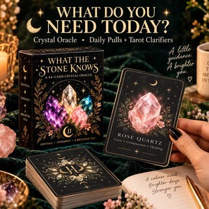 May include: A 44-card crystal oracle deck titled What The Stone Knows, featuring a black box with colorful crystal illustrations. One card displays a pink rose quartz crystal with the text Rose Quartz, Love, Compassion, Healing.