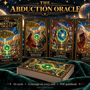 May include: The Abduction Oracle deck features a box and three display cards with vibrant, detailed illustrations of extraterrestrial scenes, glowing green orbs, and cosmic portals. The set includes 44 illustrated cards and a PDF guidebook.