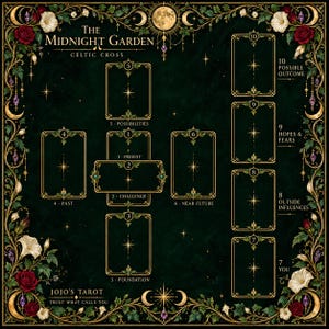 Peut inclure: Un tapis de tirage de tarot vert foncé intitulé The Midnight Garden Celtic Cross. Il présente des emplacements de cartes bordés d'or numérotés de 1 à 10 avec des étiquettes comme Present, Challenge et Foundation. La bordure est ornée de roses.