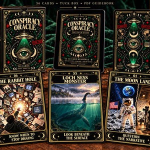 Può includere: Un mazzo di carte Conspiracy Oracle con una scatola nera, una guida digitale e tre carte illustrate intitolate The Rabbit Hole, Loch Ness Monster e The Moon Landing. Le carte presentano bordi dorati, grafiche a tema occulto e del testo.