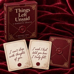 May include: A deck of 54 message cards titled Things Left Unsaid: A Romantic Oracle by Jojo's Tarot Co. The box and card backs are deep red with gold floral borders and a wax seal graphic. Two cards show cream backgrounds with cursive text.