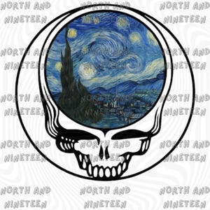 May include: Black and white graphic of a skull with a circular frame. The center of the skull features a painting of a starry night with a dark tree and a village. The text "NORTH AND NINETEEN" is repeated around the image.