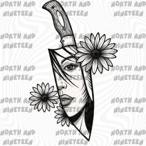 May include: Black and white illustration of a knife with a woman's face and daisies. The knife has a wooden handle. The text "NORTH AND NINETEEN" is repeated around the image.