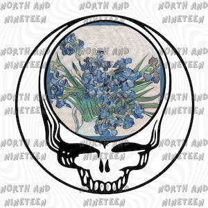 May include: A black and white graphic featuring a skull design with a circular frame. Inside the frame is a painting of blue irises in a vase. The words "NORTH AND NINETEEN" are printed around the skull.