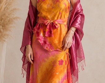Ensemble vintage italien en soie, composé d'un haut dos nu et d'une jupe asymétrique, 100 % soie, fabriqué en Italie - Tenue de cérémonie rose, jaune et or - Taille S/M