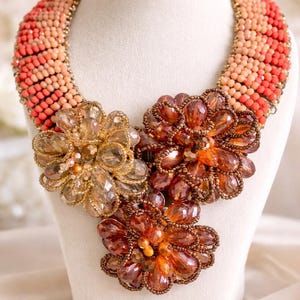 Statement Floral Beaded Necklace Handmade Italy Bold Chunky Coral Amber Tone Artisan Jewelry