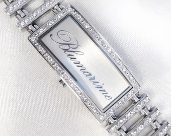 Early 2000s Blumarine Crystal Bracelet Watch Vintage Rectangular Silver Analog Quartz Full Set Box Certificate- Large Size