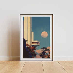 Retro Brutalist SciFi Tower Poster Digital Art Print Surreal Architecture Moon Landscape Futuristic Decor Graphic Style Bauhaus Style