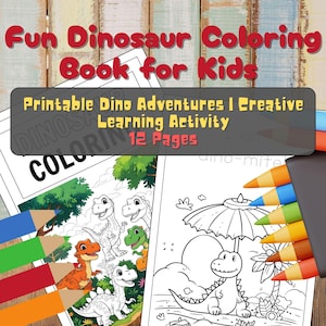 Fun Dinosaur Coloring Book for Kids – 12 Printable Pages | Cute Dinosaur Activity Sheets | Digital Download PDF