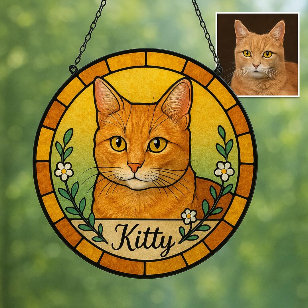 Custom Stained Glass Pet Portrait Suncatcher: Cat Memorial Keepsake - Etsy