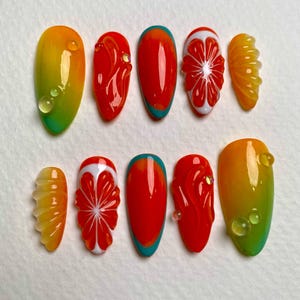 Handmade Aura Press On Nails for Women Red and Orange Gradient Nail Set with Glossy Finish and Water Drop Details for Summer Vibes