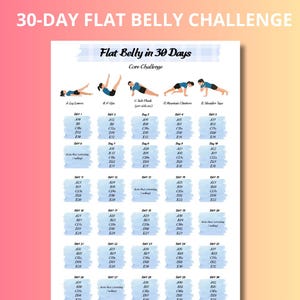 May include: A 30-day flat belly challenge workout plan. The white paper features a blue and white design with exercise illustrations and a daily schedule. The title "Flat Belly in 30 Days" is at the top.