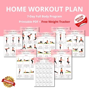 Könnte beinhalten: Ein rosa-weißer Heimtrainingsplan mit dem Text "HOME WORKOUT PLAN" und "7-Day Full Body Program". Der Plan beinhaltet ein druckbares PDF und einen kostenlosen Gewichtstracker. Das Bild enthält auch einen "SPECIAL OFFER"-Aufkleber.