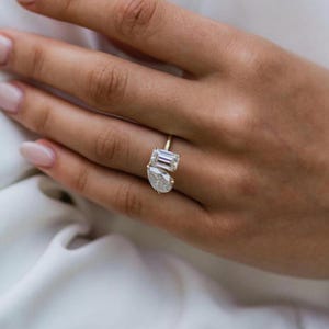 Toi et Moi Moissanite Ring: Emerald & Pear Cut, Yellow Gold Bridal Ring