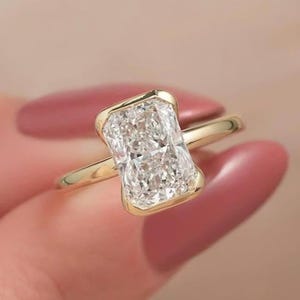 3.3ct Radiant Cut Moissanite Bezel Set Engagement Ring, 14K Solid Gold Wedding Ring, Radiant Half Bezel Set Solitaire Ring, Anniversary Ring