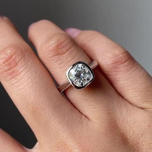 Old Mine Cushion Cut Moissanite Ring: 14K Gold Bezel Solitaire.