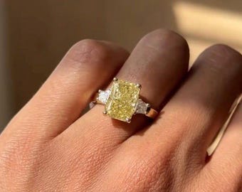 3CT Fancy Vivid Yellow Radiant Cut Lab Grown Diamond Ring | 14K Solid Yellow Gold Ring | Engagement Ring | IGI Certified Diamond