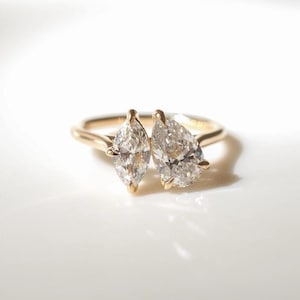 Toi Et Moi Ring, 2 TW Pear and Marquise Cut Moissanite Diamond Ring, Gold Engagement Ring, 14K Solid Gold Ring, Two Stone Ring,Promise Ring.