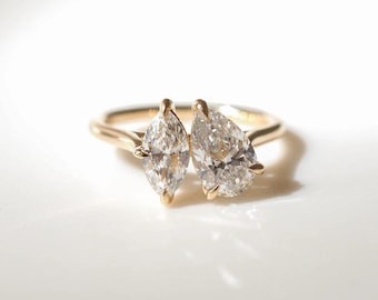 Toi et Moi Moissanite Ring | Pear & Marquise Two Stone Promise Ring | Engagement Ring | Wedding Ring | Bridal Ring | 14K Solid Gold