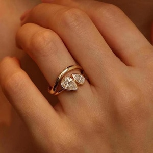 Toi Et Moi Pear Cut Moissanite Engagement Ring, Yellow Gold Bezel Set Ring, Two Stone Ring, Proposal Ring, Promise Ring, Anniversary Gifts.