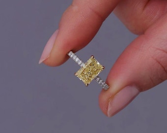 2CT Fancy Vivid Yellow Radiant Cut Diamond Ring | 14K Yellow Gold | Lab Grown Diamond | Pave Set Band