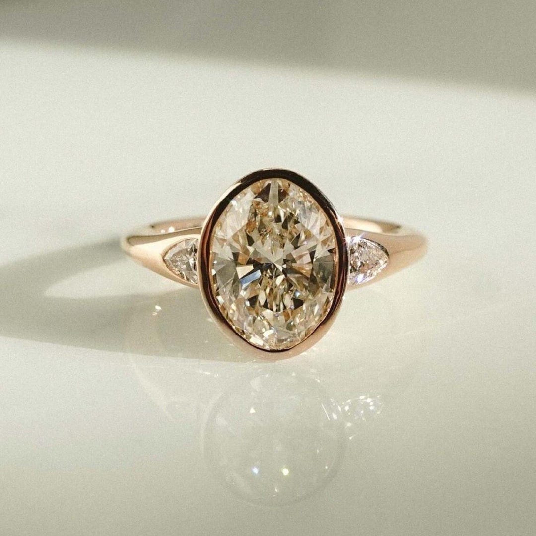 Oval Moissanite Engagement Ring | Bezel Set Three Stone Ring | 14K ...