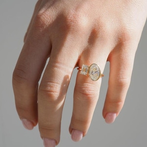 Bezel Set Oval and Emerald Cut Moissanite Ring, 14K Gold Toi Et Moi Engagement Ring, You & Me Ring, Promise Ring, Handmade Ring For Women.