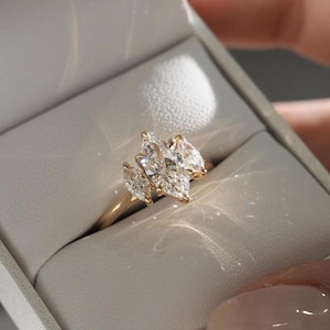 Marquise Three Stone Ring, 1.50 CT Marquise Cut Moissanite Engagement Ring, Diamond Wedding Ring, 6 Clow Prong, 14K Solid Gold Trilogy Ring.