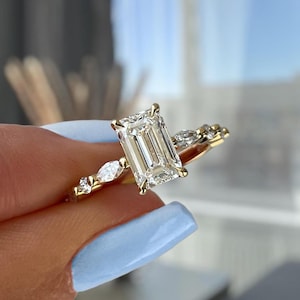 Emerald Cut Moissanite Ring: 14K Gold Pave Set Engagement Ring