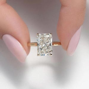 Hidden Halo Radiant Cut Solitaire Moissanite Diamond Ring, 14K Yellow Gold Engagement Ring, Promise Ring, Elongated Radiant, Ring For Women.