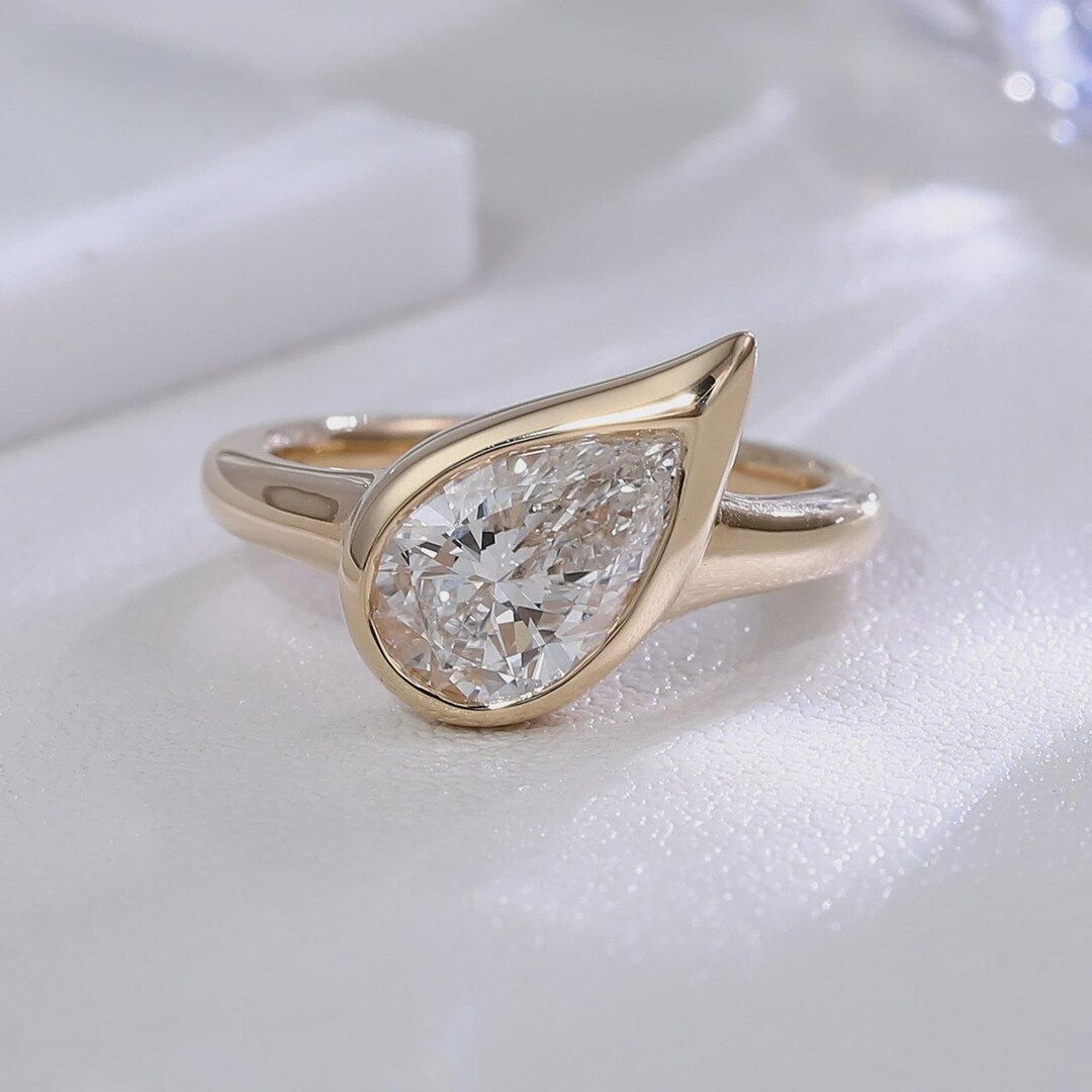 Pear Cut Lab Grown Diamond Engagement Ring | Bezel Set Yellow Gold Ring ...