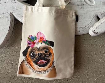 Pug in Pearls Canvas Tote Bag: Original Double-Sided Art