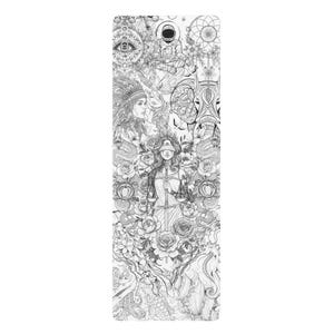 May include: A rectangular yoga mat featuring a detailed black and white line art illustration. The design includes a central figure holding scales, surrounded by an elephant, an astronaut, a person in a headdress, snakes, roses, and various celestial motifs.