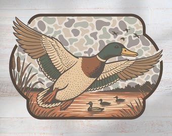 Flying Mallard Duck PNG | Retro Camouflage Hunting Clipart | Waterfowl Season Hunter Sublimation PNG | Gift for Dad, Outdoorsmen