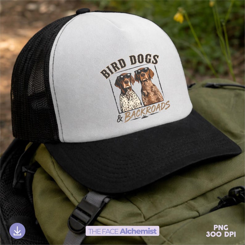 bird dogs and backroads png featuring german shorthaired pointer hunting dogs wearing sunglasses for outdoorsman shirt design and hunting dog lover sublimation