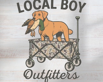 Funny Duck Hunting PNG | Retriever Dog with Duck in Camo Wagon | Local Boy Outfitters Sublimation | Southern Hunter Shirt Design