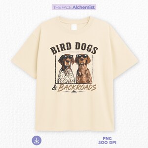 bird dogs and backroads png featuring german shorthaired pointer hunting dogs wearing sunglasses for outdoorsman shirt design and hunting dog lover sublimation