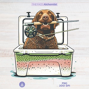 以下が含まれることがあります： 口に釣り竿をくわえた茶色の犬が、魚のデザインの白いクーラーボックスの中にいます。クーラーボックスは緑、ピンク、白の模様です。「THE FACE Alchemist」の文字が上部にあります。