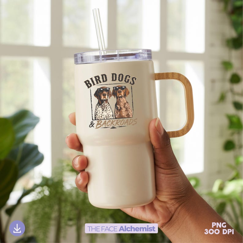 bird dogs and backroads png featuring german shorthaired pointer hunting dogs wearing sunglasses for outdoorsman shirt design and hunting dog lover sublimation