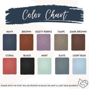 K&ouml;nnte beinhalten: Farbkarte mit quadratischen Farbfeldern in Marineblau, Braun, Lila, Taupe, Dunkelbraun, Koralle, Schwarz, Mint, Schiefer und Hellblau. Der Text "Color Chart" steht oben, darunter der Hinweis auf die Schriftfarbe.