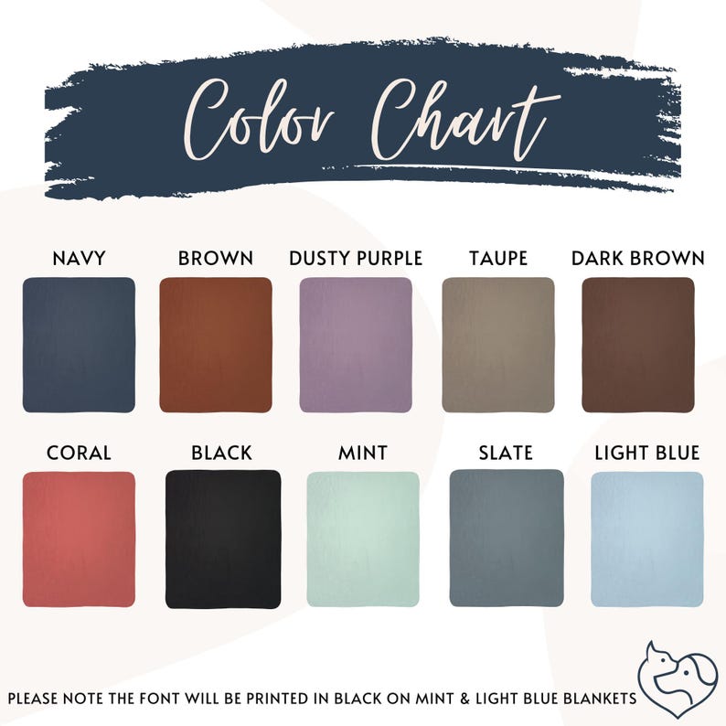 K&ouml;nnte beinhalten: Farbkarte mit quadratischen Farbfeldern in Marineblau, Braun, Lila, Taupe, Dunkelbraun, Koralle, Schwarz, Mint, Schiefer und Hellblau. Der Text "Color Chart" steht oben, darunter der Hinweis auf die Schriftfarbe.