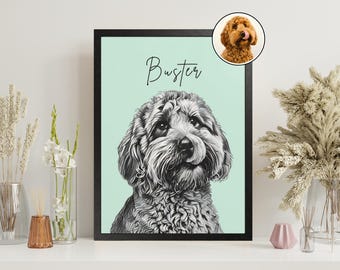 Custom Black And White Pet Portrait From Photo, Pet Art Dog Portrait, Pet Memorial Dog Drawing Gift For Dog Owner, Pet Loss Wall Art Print