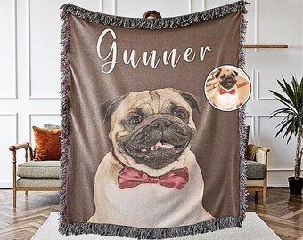May include: A brown woven throw blanket featuring a large image of a pug wearing a red bow tie. The name "Gunner" is written in white script across the top. A smaller image of the pug in a bow tie is in the upper right corner.