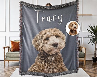 Personalized Dog Photo Woven Blanket, Custom Pet Photo Picture Blanket, Pet Name Memorial Dog Loss Cat Gift, Photo Blanket Pet Portrait Gift