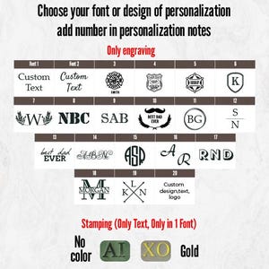 Puede incluir: Imagen que muestra opciones de fuentes y dise&ntilde;os para personalizaci&oacute;n, incluyendo texto personalizado, iniciales y logotipos. Tambi&eacute;n muestra opciones de color para el estampado, como oro y verde.