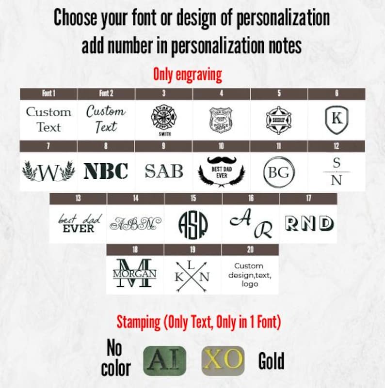 Puede incluir: Imagen que muestra opciones de fuentes y dise&ntilde;os para personalizaci&oacute;n, incluyendo texto personalizado, iniciales y logotipos. Tambi&eacute;n muestra opciones de color para el estampado, como oro y verde.